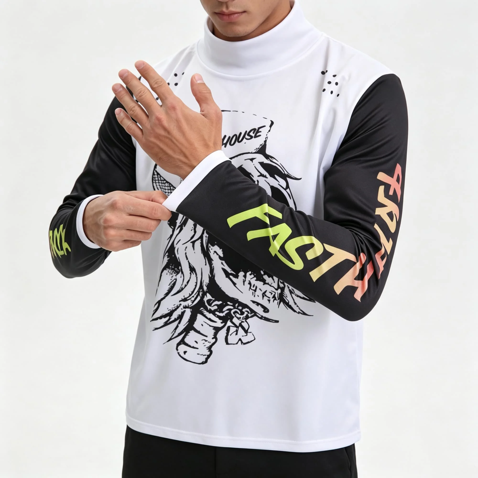 Men Retro Skull Graphic Motocross Long Sleeve Jersey, Breathable Color‑Block Off‑Road Racing Sport Shirt