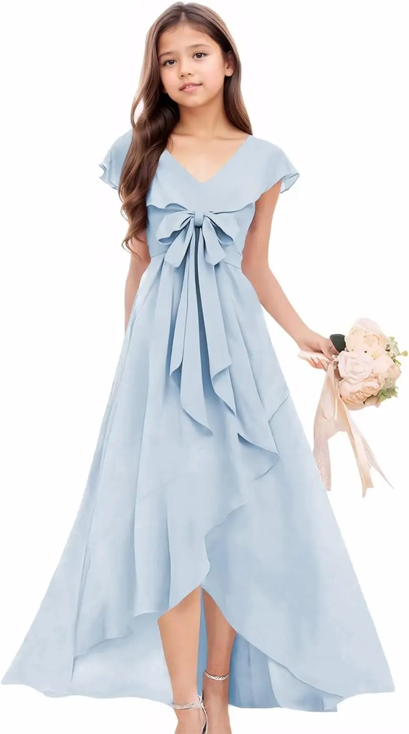 Vestido de dama de honra júnior com decote em V, laço de chiffon, alto e baixo, flor, concurso de casamento, vestido de baile para meninas