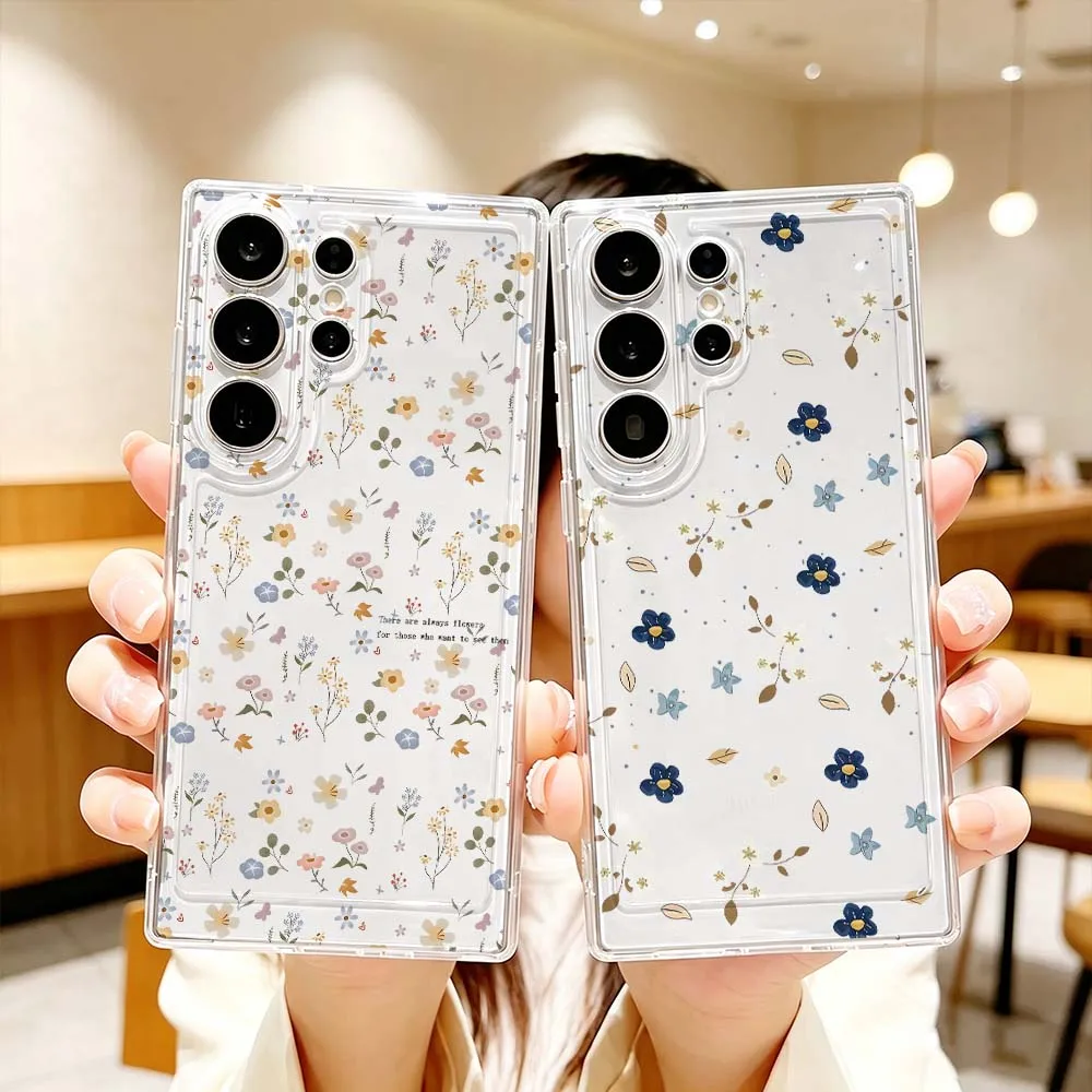 Cartoon Blue Flower Pattern Phone Case For Samsung Galaxy S26 S25 S24 S23 S22 S21 S20 Ultra Plus FE Pro 5G Transparent Cover