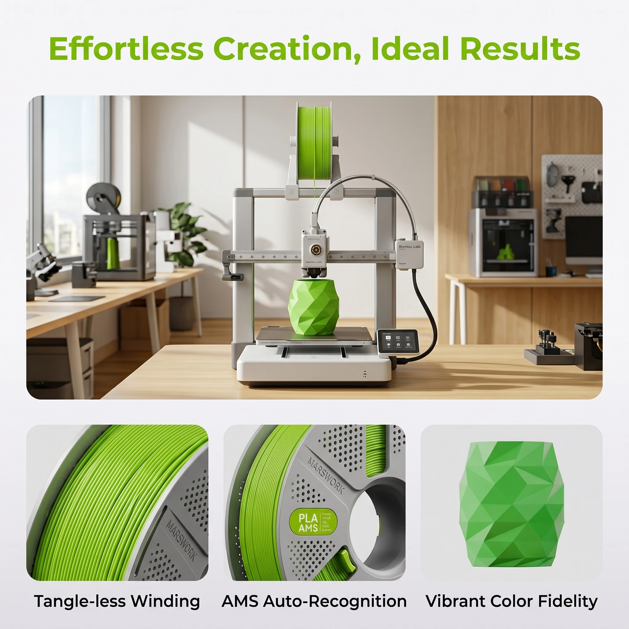 PLA Basic 3D Printer Filament 1.75mm 1kg with Reusable Quick-Swap Spool AMS Compatible Color Card System Pre-Dried for Bambu Lab