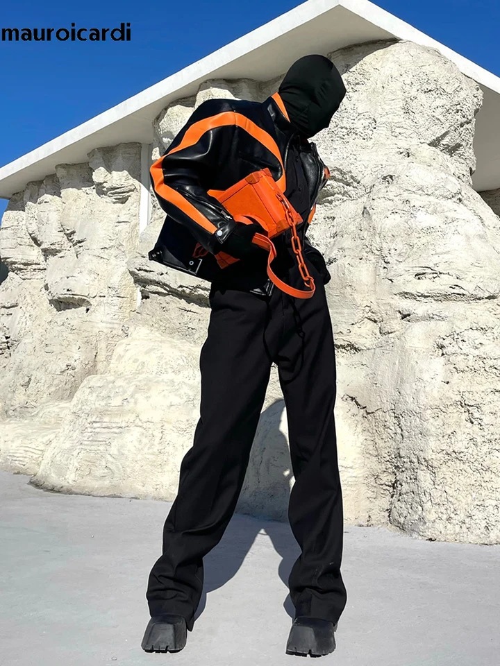 Mauroicardi Spring Autumn Cool Loose Orange and Black Color Block