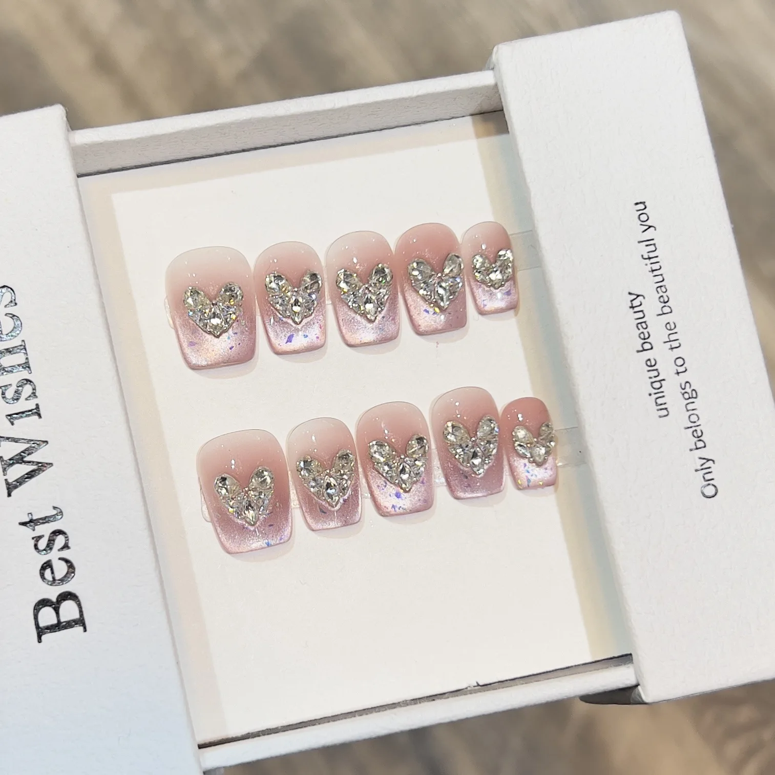 

10pcs Pink Blush Cat Eye Handmade Nails French Sparkling Zircon Press on Nail Short Square Full Cover Nail Tips for Women&Girl