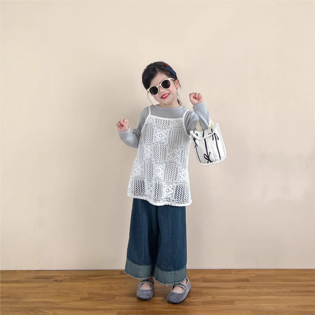 2026 Spring New Korean Version of Children's Clothing Girls Hollow Vest Top Hooked Lace Fashionable Suspenders