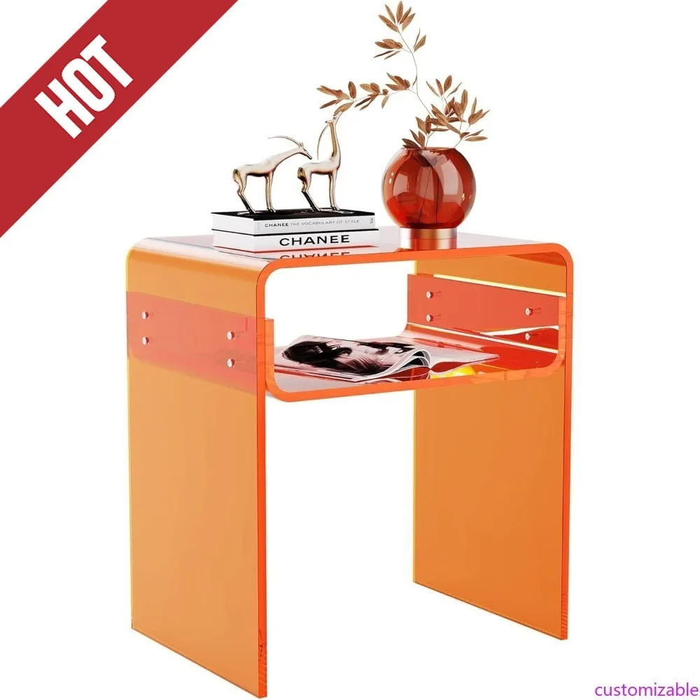 

Customizable-Clear Acrylic End Table 2-Tier Bedside Nightstand For Living Room Bedroom Home Decor (Orange)