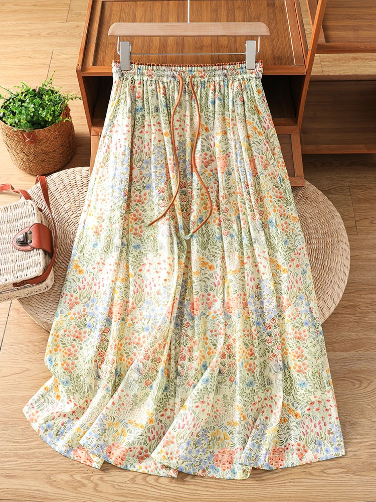 

Printed Half Skirt Color Block Elastic Waist Lined Breathable Countryside Style Holiday Mid-Length Skirt Korean Loose Fit Summer