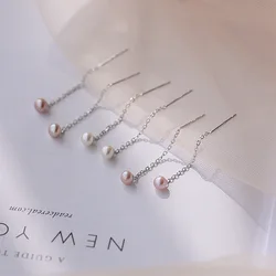 925 Sterling Silver Natural White Pink Purple Pearl Earring Chain Long Tassel Earrings For Women Elegant Gifts Korean Style
