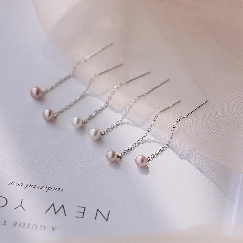 925 Sterling Silver Natural White Pink Purple Pearl Earring Chain Long Tassel Earrings For Women Eleganckie prezenty w koreańskim stylu