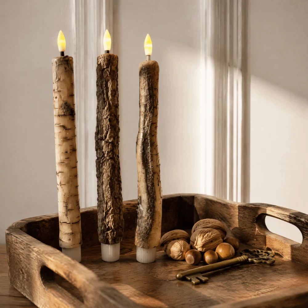 Soft Light LED Flameless Candles Birch Wood Texture Flame Simulation Electronic Candles Flameless Design LED Light