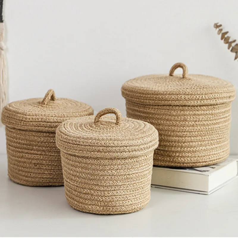 

Cosmetics Storage Box Jute Woven Basket Tabletop Key Remote Control Container Snack Case With Cover Organizer ECO Friendly