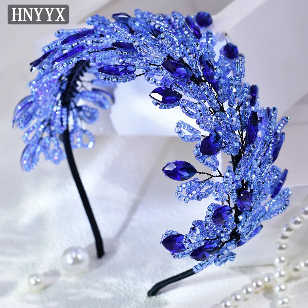 HNYYX-Vintage strass frisado Headband para mulheres, handmade cristal cabelo Hoop para meninas, festa, férias cabelo acessórios, azul, A165