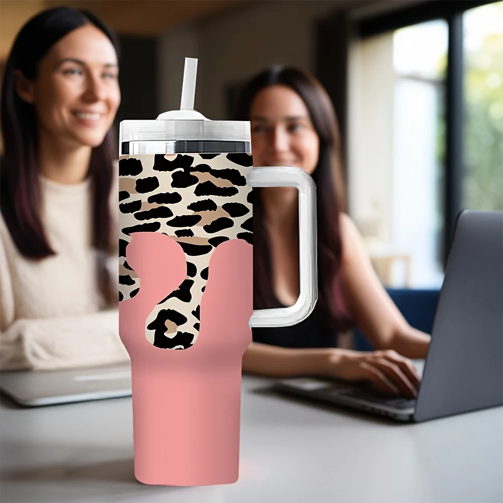 Trendy Leopard Print Dripping Pattern Pink Tumbler with Handle And Straw Suitable for Office Outdoor Travel And Daily Home Use