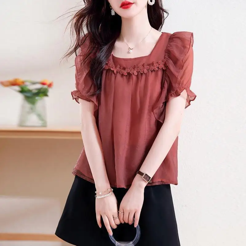 

Temperament Ruffles Pleated Short Shirt Tops Women Clothing New Summer Short Sleeve Solid Loose Elegant Blouse Fashion Office