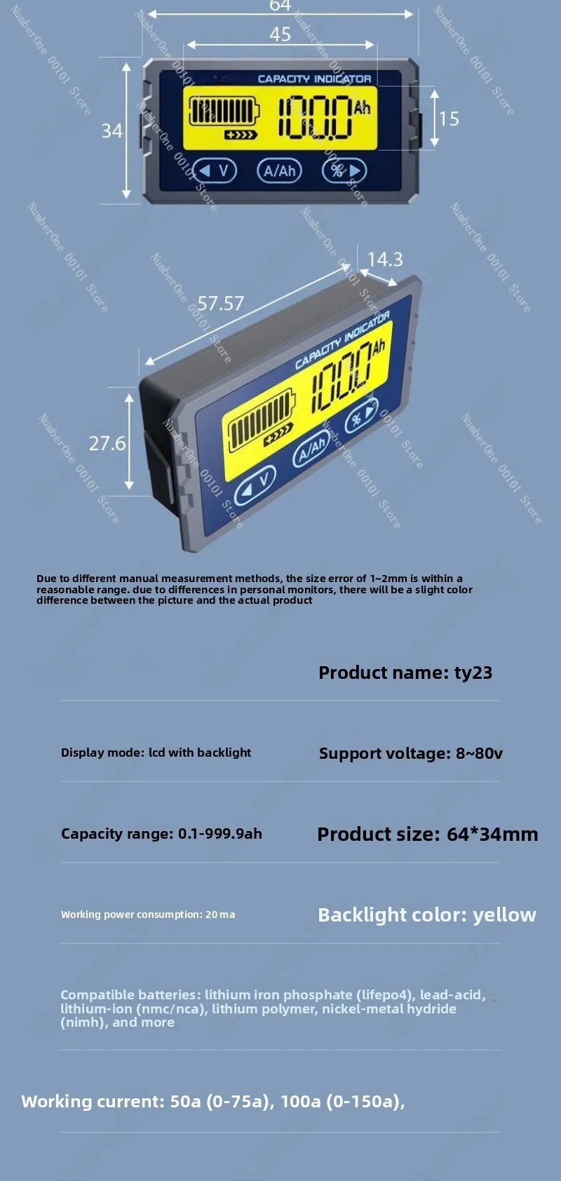TY23 Coulomb Counter Battery Power Monitor Battery Replacement Modified Power Meter Lithium Iron Phosphate Power Meter