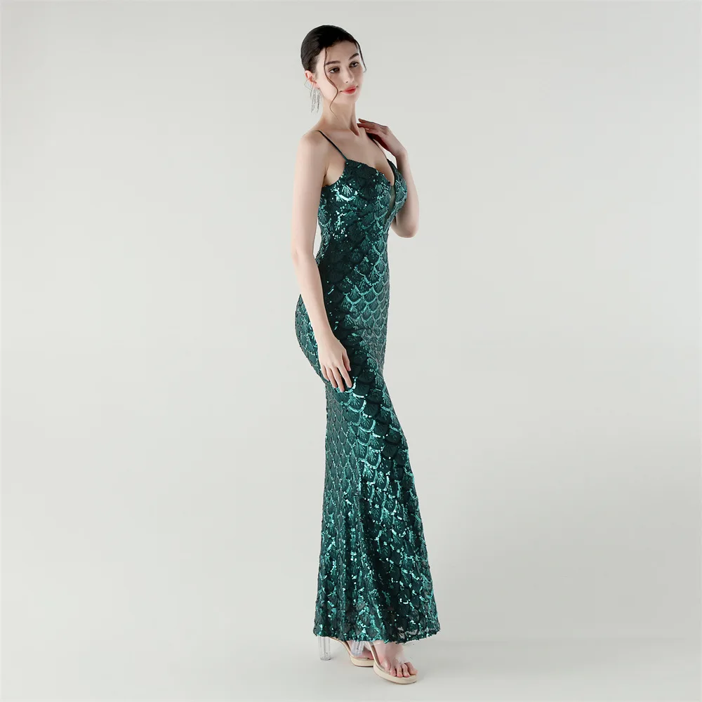 

Women Spaghetti Strap Deep V-Neck Sequin Mermaid Evening Dress All Over Fish Scale Pattern Sleeveless Slim Elegant Formal Gown