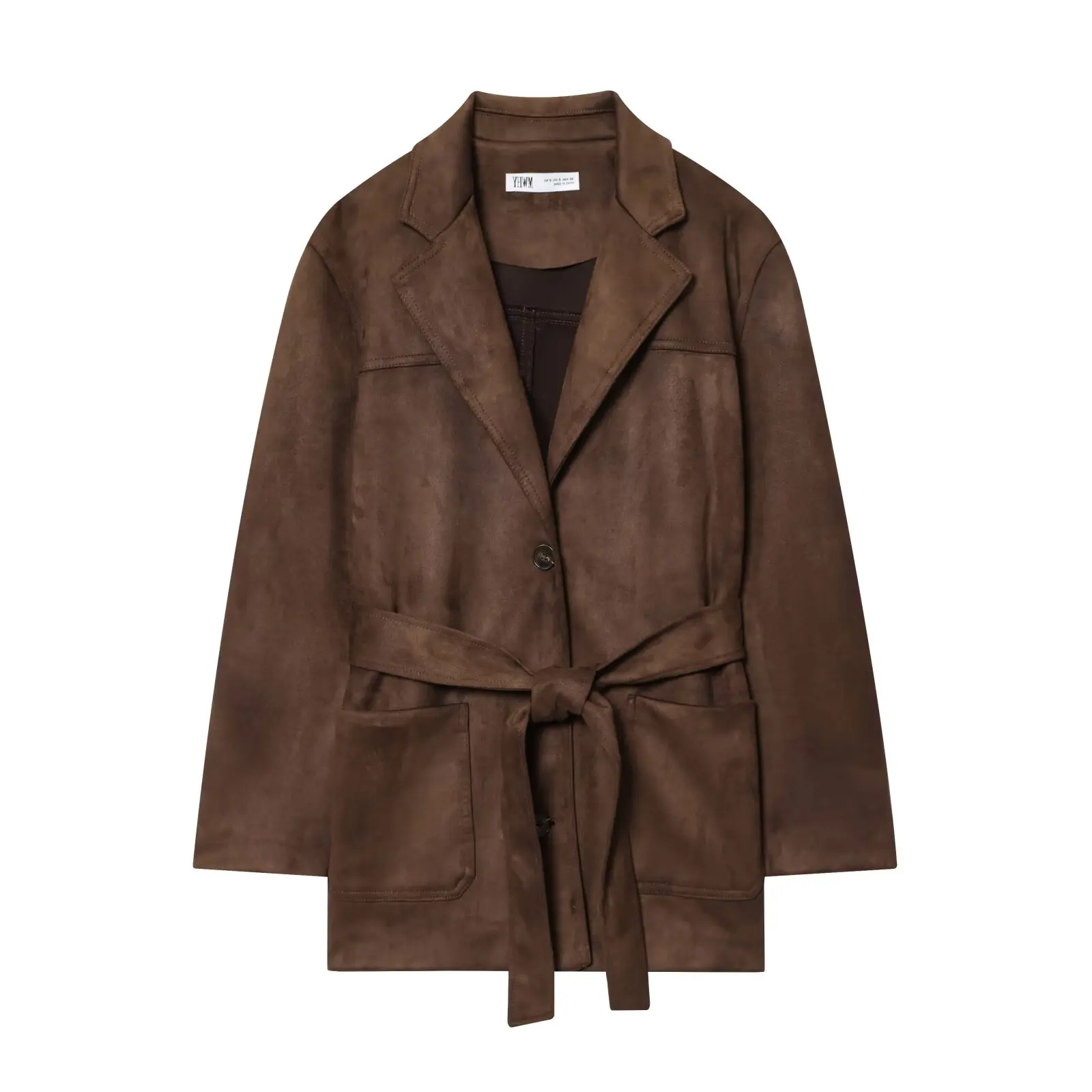 レディース秋新作 スレジャケットコート ベルト付き フェイクスエード風 ルーズフィット ポリエステル生地 レギュラーフィット ボタン留め