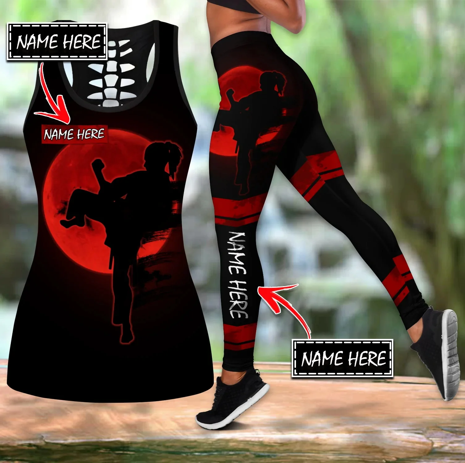 

Customize Name Karate 3D Printed Hollow Tank Top & Leggings Set Fitness Female Full Length Leggings yoga Running Pants DDK111