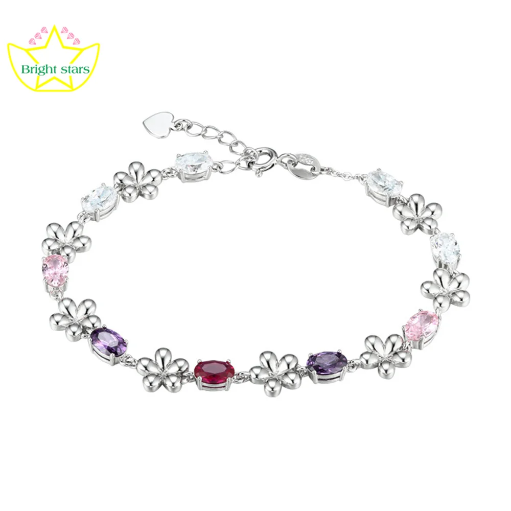 Bright Stars 925 pure silver powder crystal five-sided bracelet color zircon all-match fashion bracelet for sale