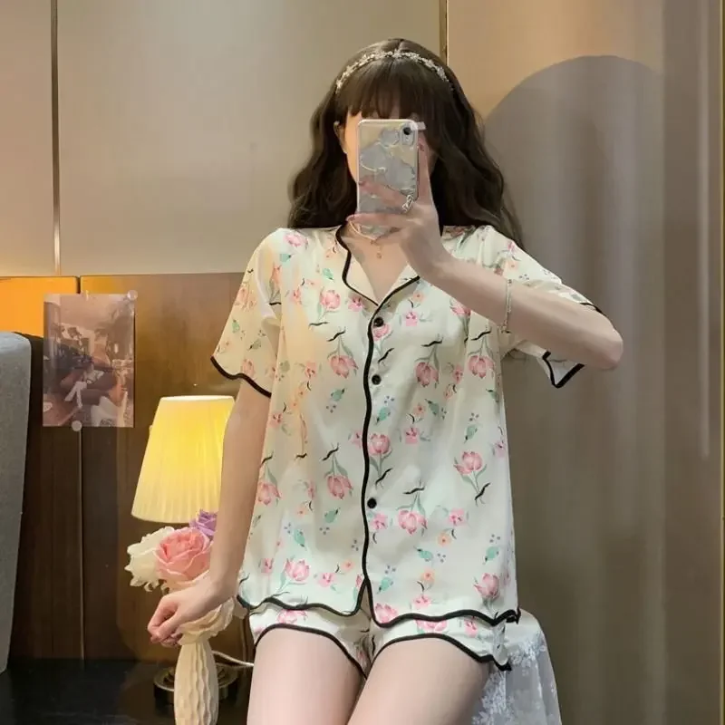 

Summer Pajama Sets Women Loose Sweet Elegant Lady Thin Smooth Sleepwear Chic Printed Vintage Leisure Gentle Comfortable Popular