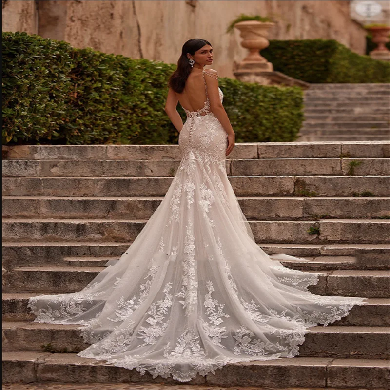 Elegante Brautkleider 2025, Applikation, Spitze, maßgeschneidert, ärmellos, mit Perlen verziert, Sweep-Zug, Illusionsrücken, Meerjungfrau-Brautkleider