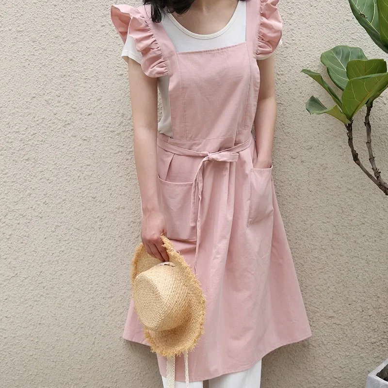 Stain-resistant Cotton Linen Black Ruffled Kitchen Apron Women's Sleeveless Breathable Solid Smock For Cooking Gardening Baking
