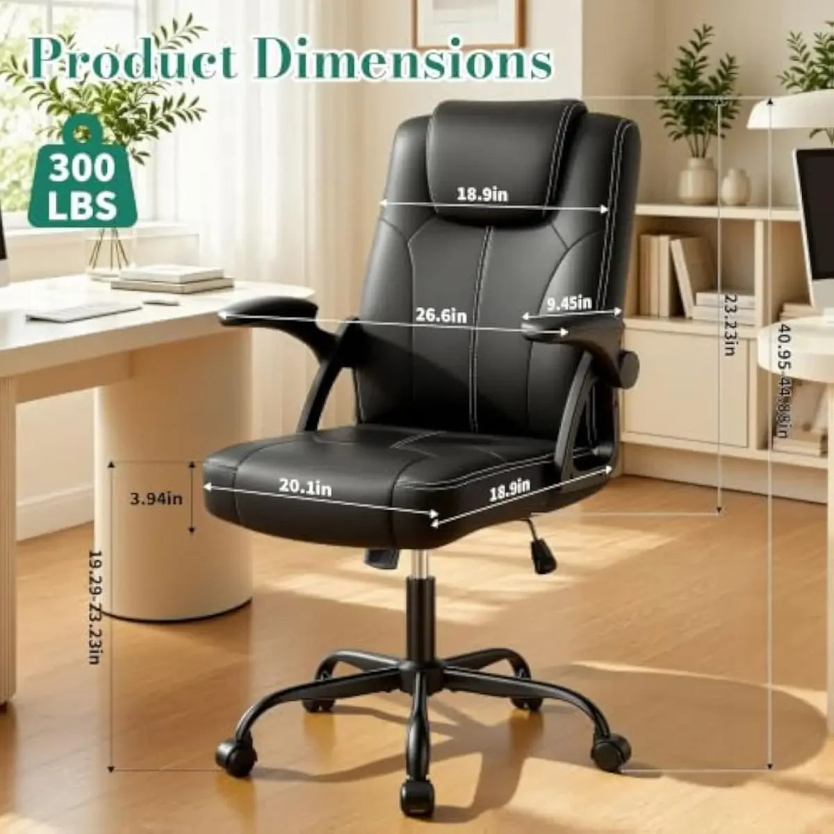 Ergonomic executive office chair with 360-degree swivel base, adjustable recline up to 125°, flip-up padded armrests, pneumatic