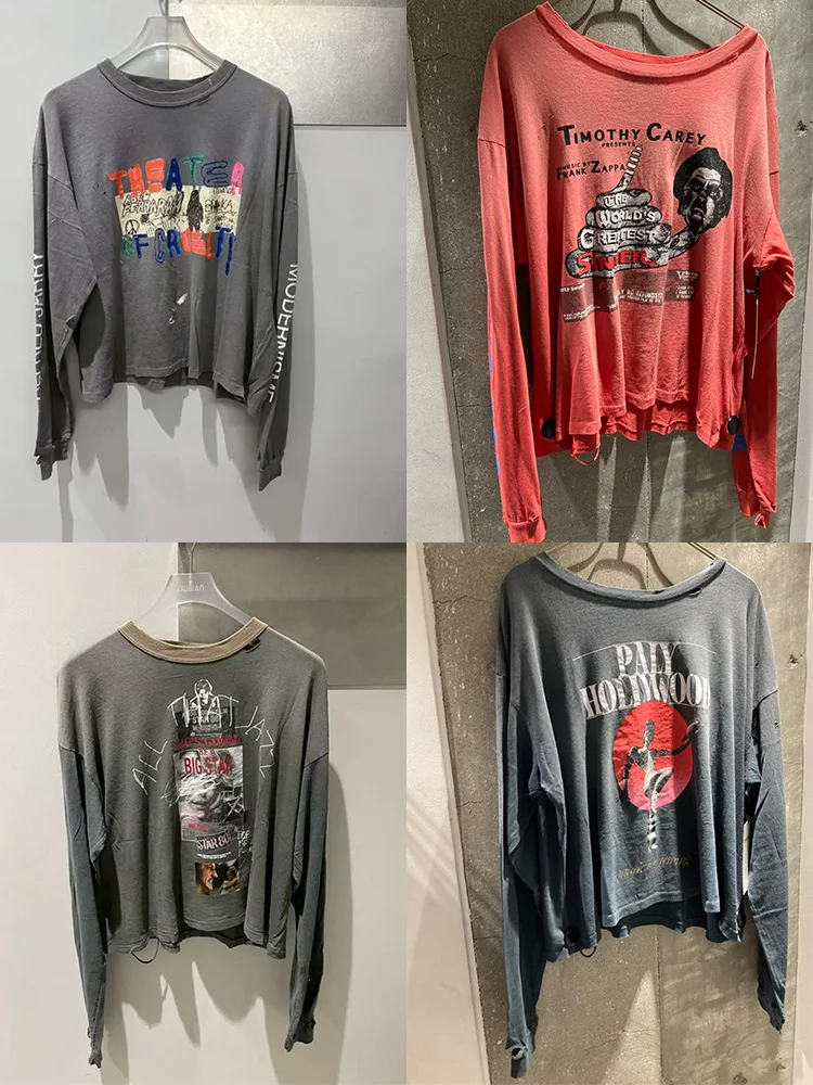 American High Street Washed out Long Sleeve T-Shirt Men's Loose Fit Cotton round Neck Graphic Tee Fashionable Brand Paly