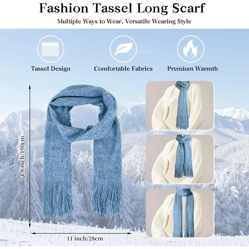 الشتاء الدافئة قبعة صغيرة قفازات لمس طقم وشاح طويل للنساء مع عقال، قبعة متماسكة الأوشحة مع شرابة للنساء