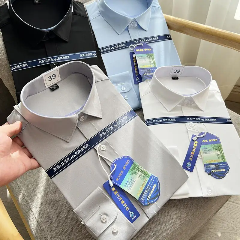 

Iron-Free Bamboo Fiber Long Sve irt for Men Breathable Moisture ng Busin Casual Commute Pure Color Stand Fit