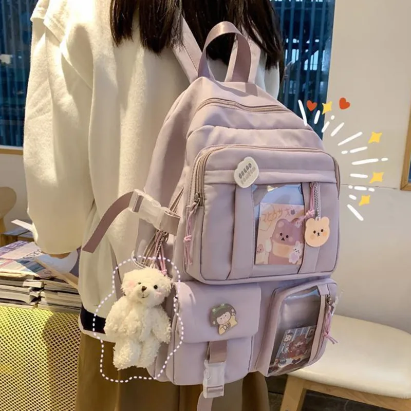 Sac à Dos avec Insigne d\'Ours en Peluche pour Fille, Style Coréen et Japonais, Chic, pour Lycéens, Grande Capacité