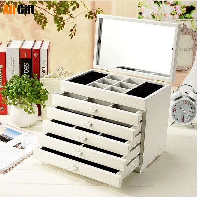 European Style Jewelry Box Wooden Princess with A Mirror Wedding Gift Makeup Case Drawer Organizer Makeup Storage