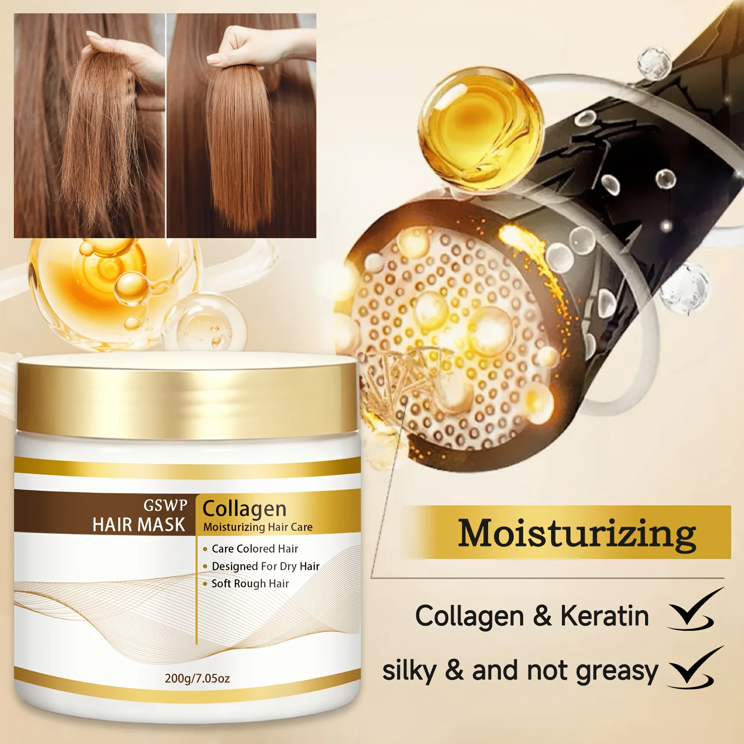 GSWP Collagen Hair Mask, Deep Repair Dry Damaged Hair Anti Frizz Smooth SoftAnti Fade Nourish Moisturizing Silky Hair.200g