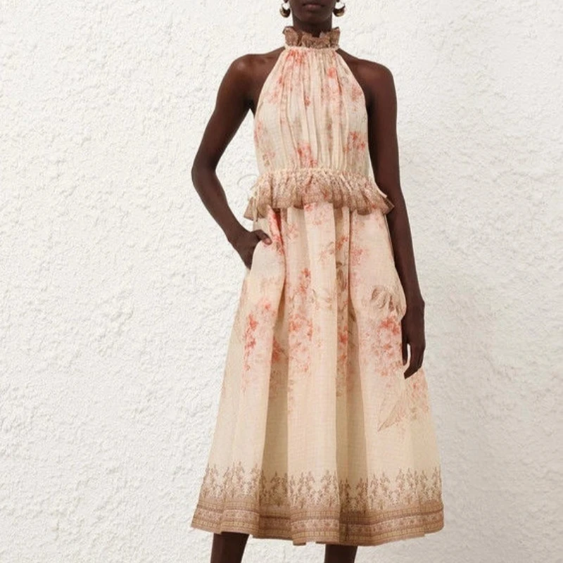 

Australia Light Luxury Custom Holiday Dress Floral Print Collarless Sleeveless Midi Wrap Waist Plus Size