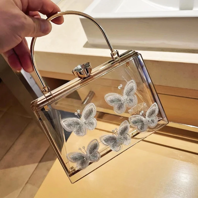 Ladies Clear Evening Bags For Women Luxury Designer Handbag Purse 2024 New In Acrylic Metal Frame Transparent Butterfly Shoulder