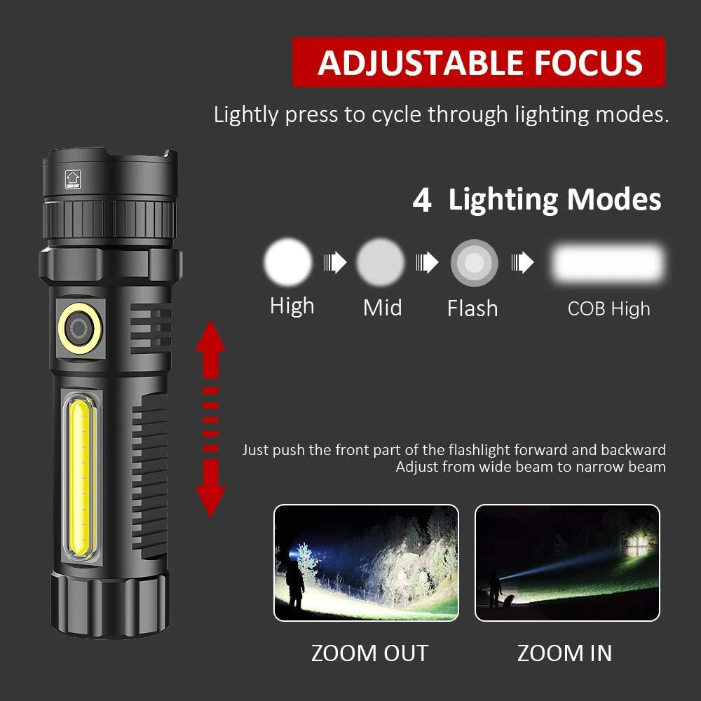 Powerful LED XHP70.2 Flashlight USB Rechargeable COB Torch Waterproof Zoom Lantern with Power Display Super Bright 26650 Light