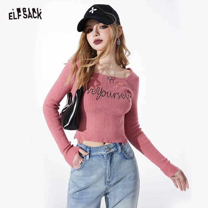 ELFSACK ripped alphabet embroidered pink knitwear pullover sweet top for women 2024 spring square neck long sleeve slim cropped