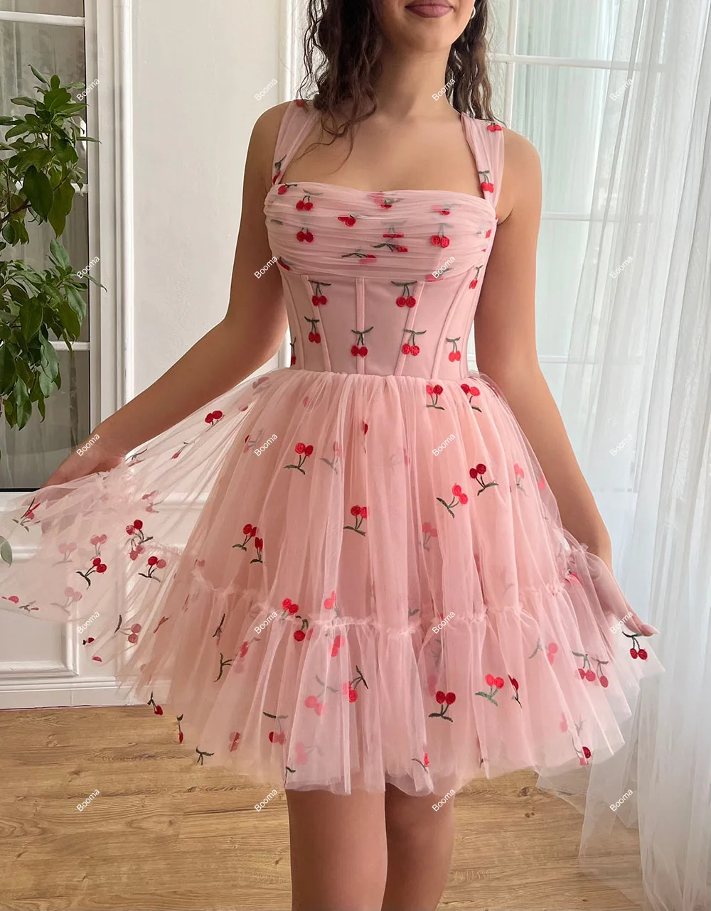 Booma A-Line Pink Cocktail Dresses Sleeveless Cherry Ruched Tulle Mini Prom Gowns Fairy Party Dress Special Occasion Gowns