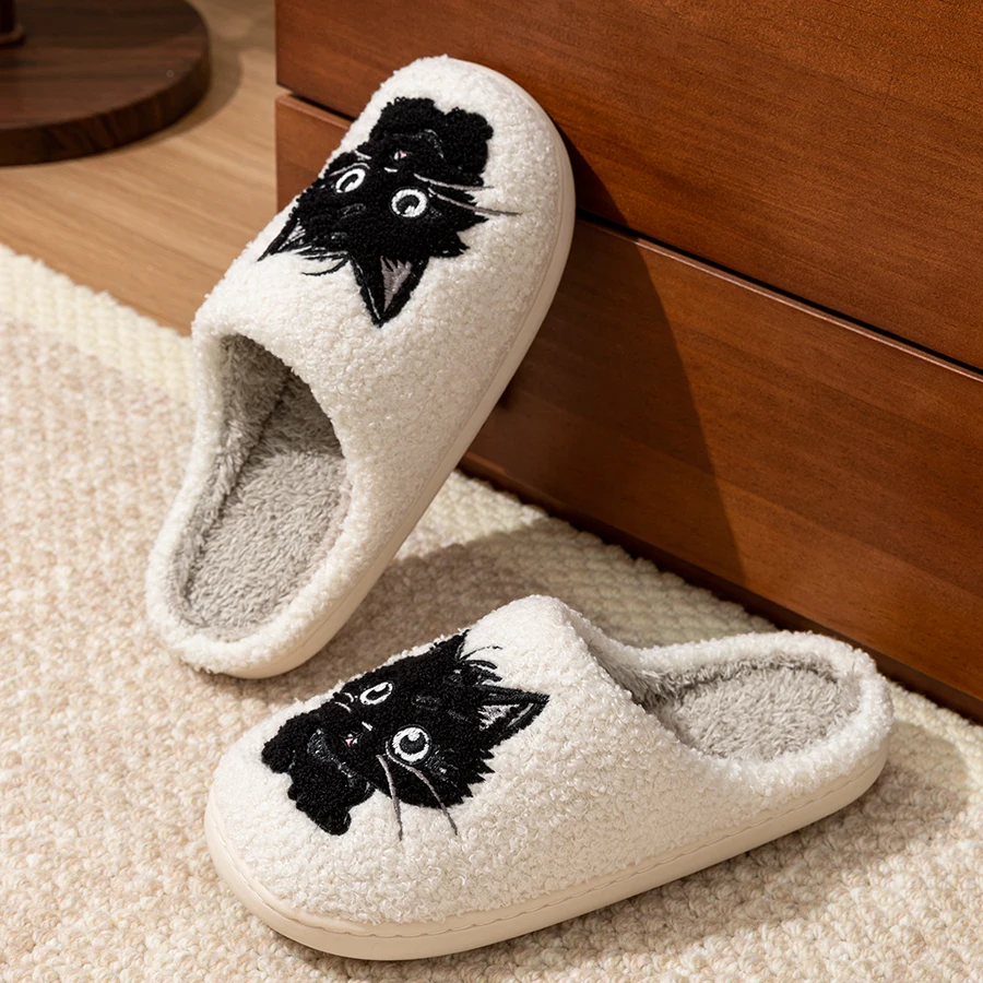 Winter Women\'s Slippers Indoor Cartoon Black Cat Cute Girls Slipper Bedroom Anti-slip Soft Sole Comfortable Cotton Homeshoes