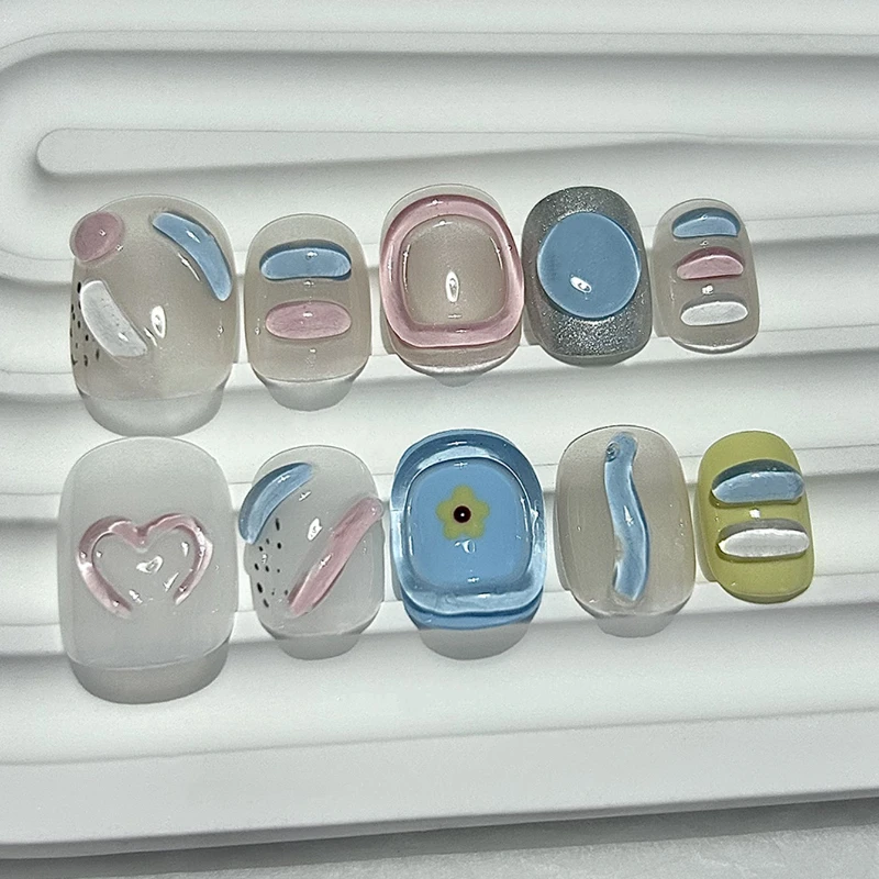 

10 Pieces Summer Cute Short Handmade Press On Nails Hand Pinched Candy Colour Fudge Art Fake Nails Removable Reusable