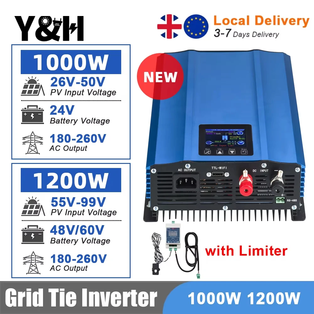 Y&H 1200W 1000W Grid Tie Inverter con limitatore Onda sinusoidale pura Inverter solare Modalità di scarica della batteria Ingresso 48V/24V WiFi opzionale