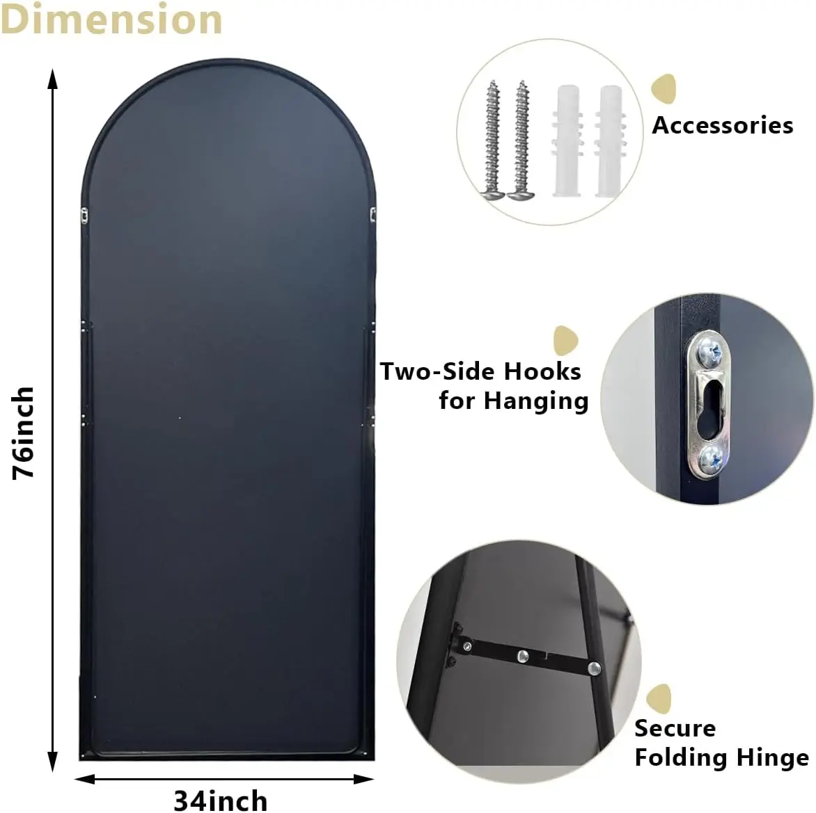 [حار بيع! ]مرآة كاملة الجسم كبيرة الحجم، مرآة مقوسة بطول 76 بوصة × 34 بوصة، إطار معدني أسود، مرآة أرضية لغرفة النوم والمعيشة/