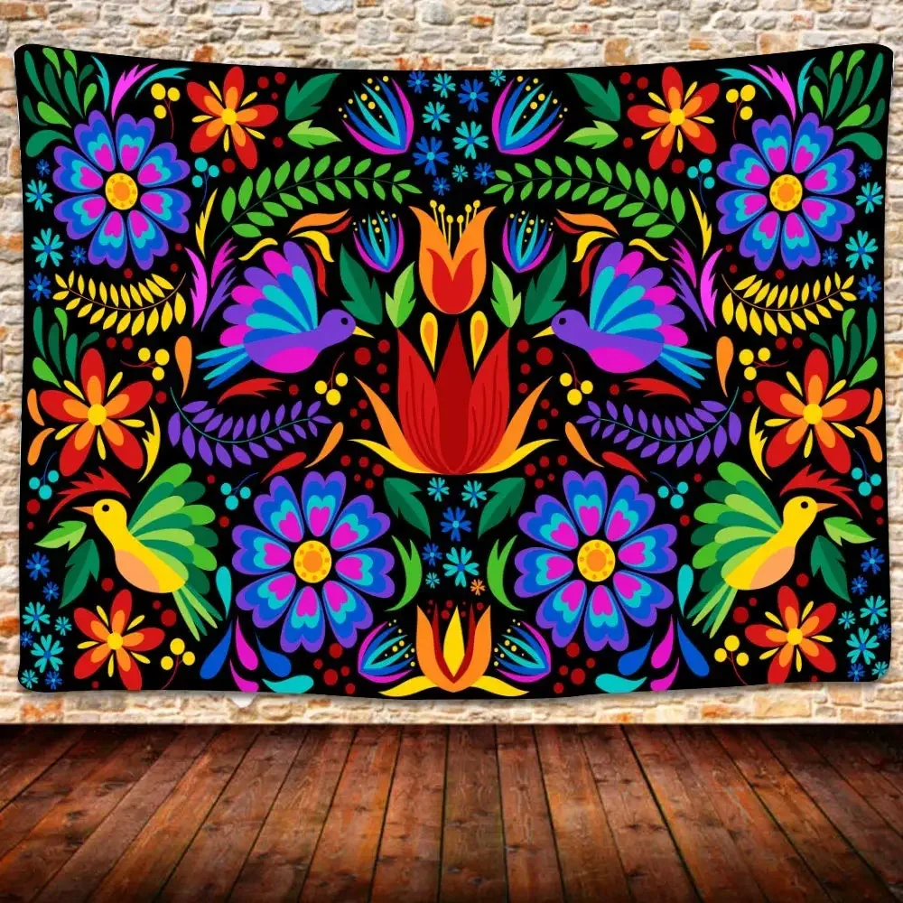 Mexican Tapestry Ethnic Birds Colorful Flowers Tapestry Mexican Embroidery Style Art Tapestry for Bedroom Living Room Dorm Decor