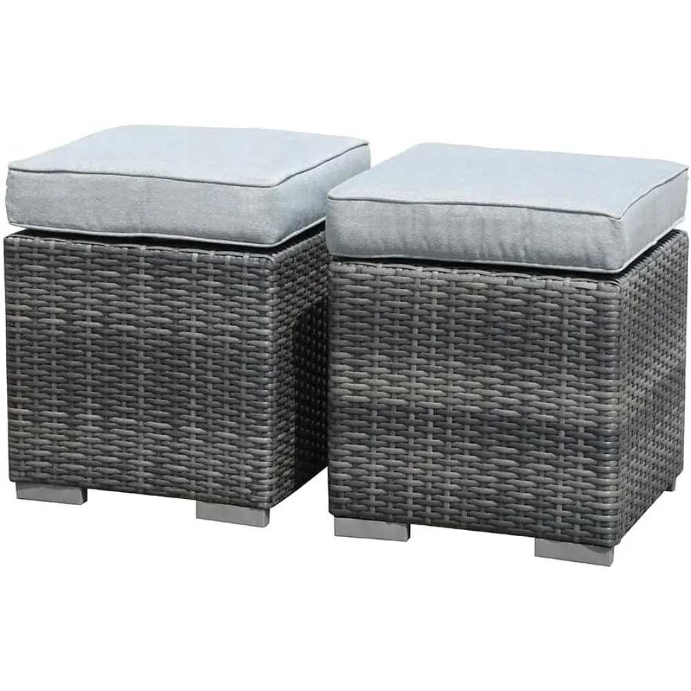 2 Pieces Assembled Outdoor Patio Ottoman, Indoor Outdoor All-Weather Grey Wicker Rattan Outdoor Footstool Footrest Seat