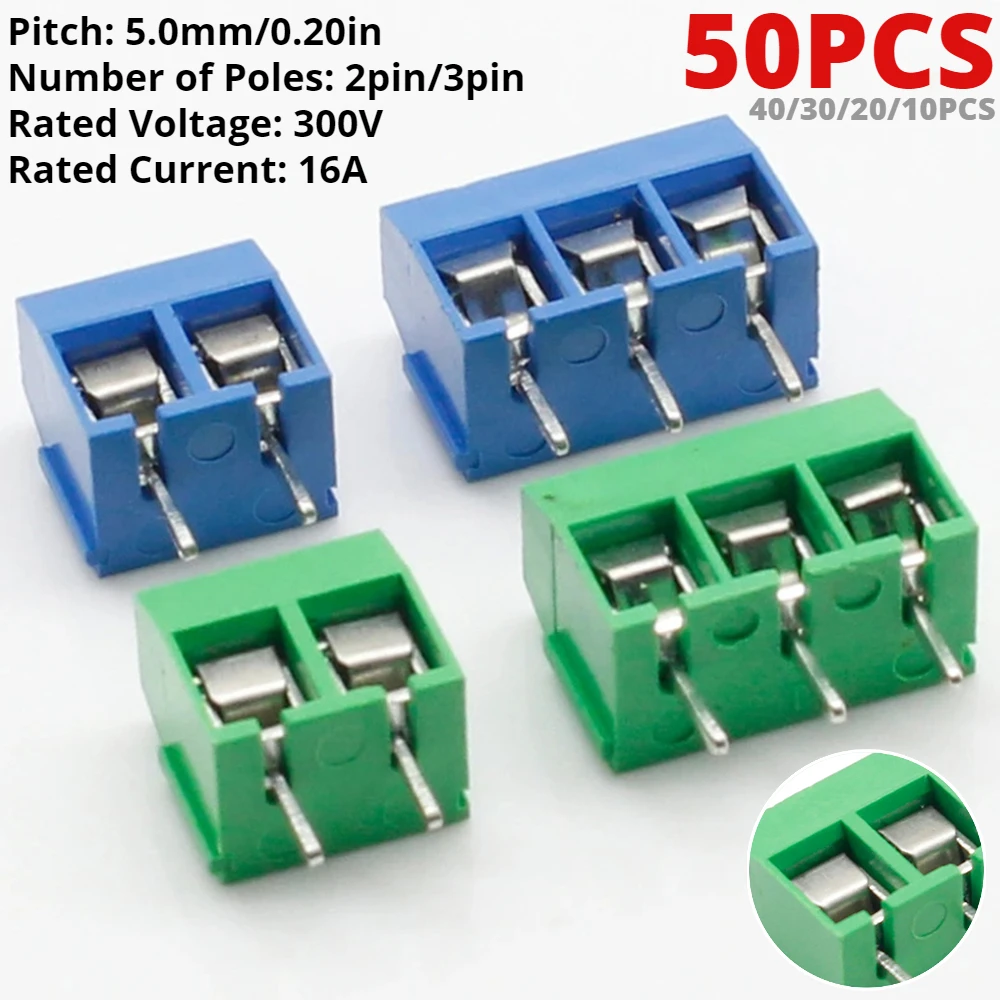 

50PCS PCB Terminal Block Connector Pitch 5.0mm KF301 Straight Pin 2P 3P Screw PCB Terminal Blocks Connector Assortment Kit