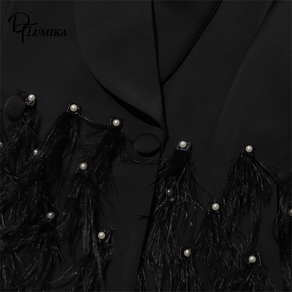 DTLumika Beaded Feathers Suit Dress for Women, Long Sleeved Wait Slimming Suit Jacket 2026 Actual Photo Suit Blazer with Belt