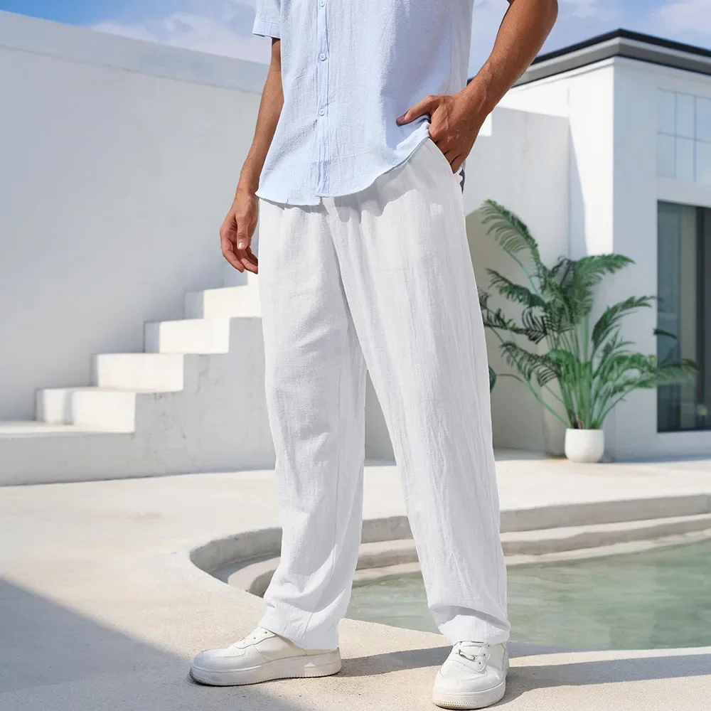 Baumwoll-Leinen-Hose für Herren, gerades Bein, leichte, atmungsaktive Strand-Stil-Hose, einfarbig, lässig, gemütlich, männliche Jogginghose – Detail 7