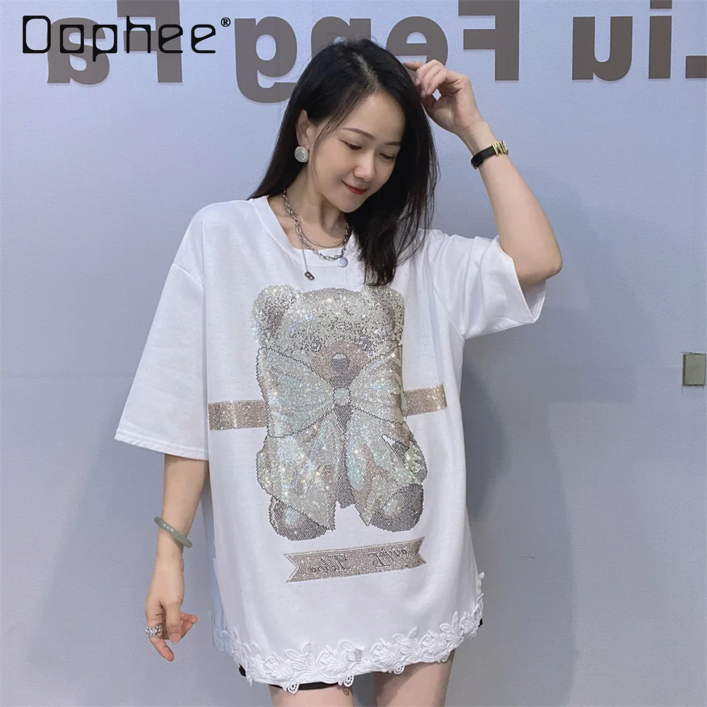 

Женская летняя новинка: футболка Bear Hot Diamond с коротким рукавом, средней длины, свободного кроя, с кружевными вставками