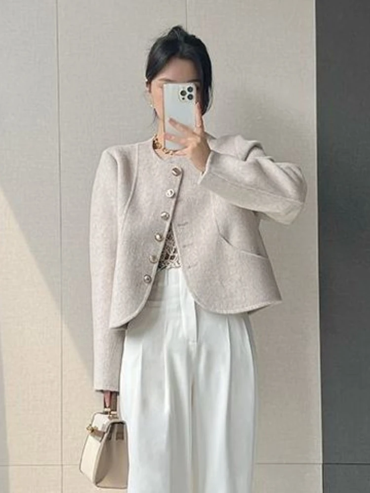 Autumn Woman Solid Single Breasted Temperament Tops New Women Clothes O-neck Tunic Fashion Coat Korean Vintage Y2k Tweed Jacket