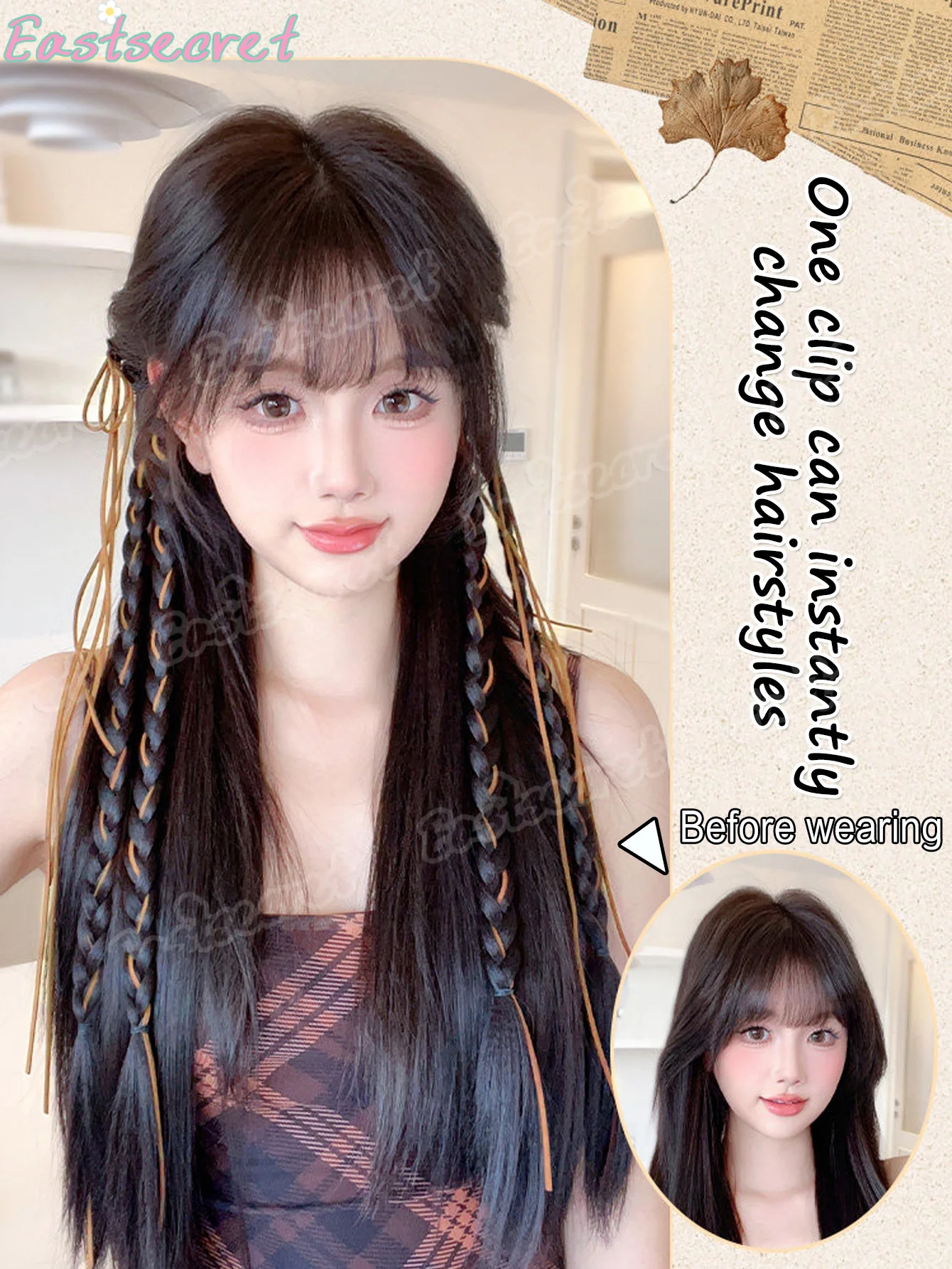 EAST Synthetic Wig braid ins style female bow ribbon double ponytail Fried Dough Twists braid hair ponytail hair ornament