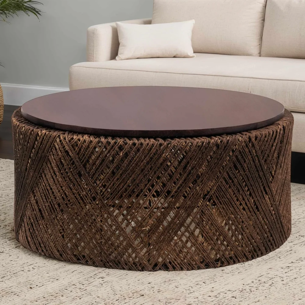 

36" Boho Modern Farmhouse Round Coffee Table - Walnut Solid Mango Wood Top, Natural Seagrass Handwoven & Black Metal Frame
