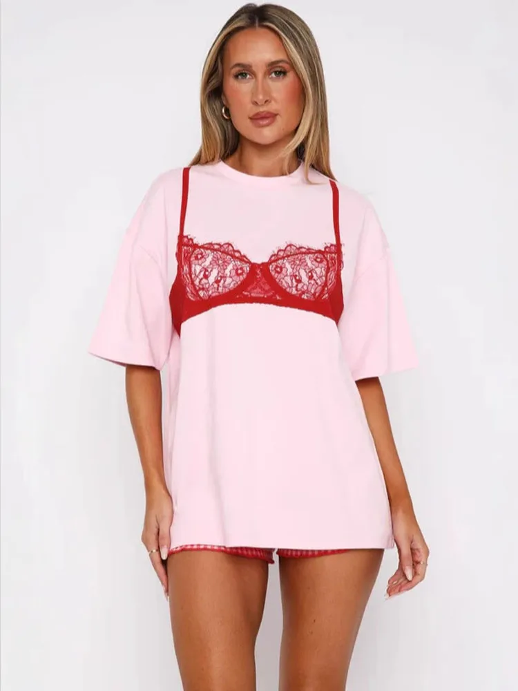 BKQU Fashion Loose Summer T-shirt Women's Bra Printing Graphic Sweet Spicy Cotton Short-sleeved O Neck T shirt Casual Streetwear
